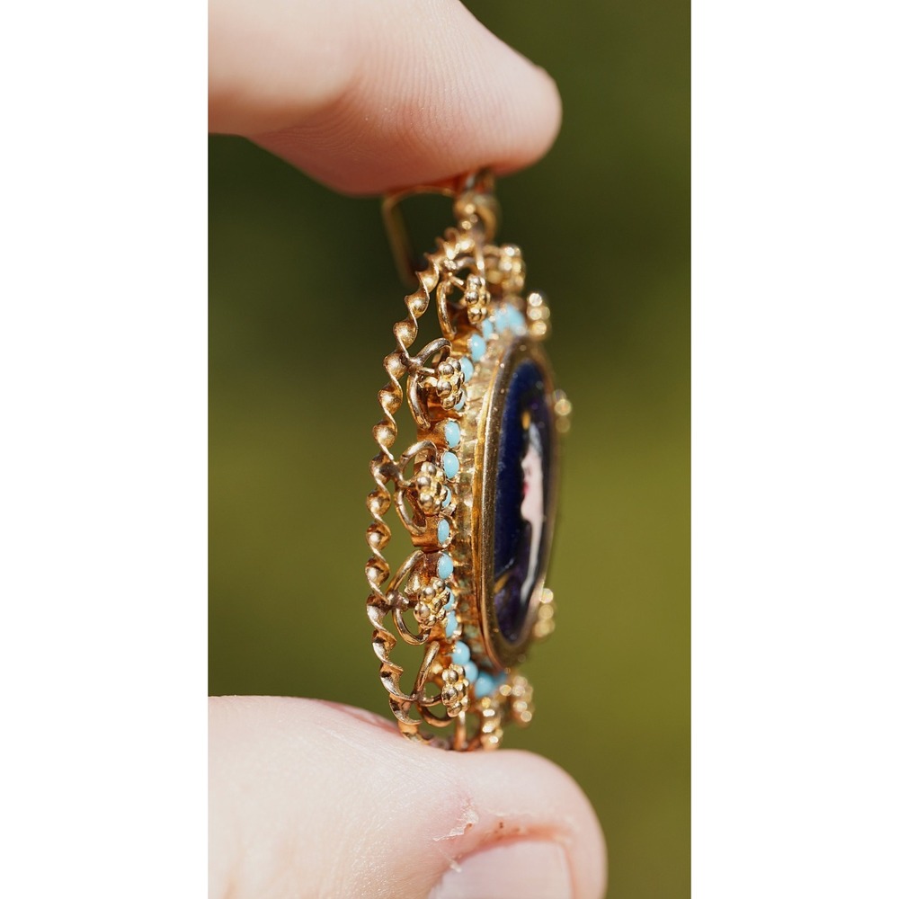 Antique‎ 20k Solid Yellow Gold Filigree Enamel Cameo Turqiouse Pendant Portugal - Picture 8 of 11